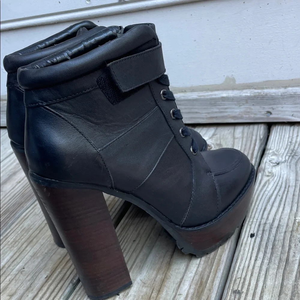 Steve Madden Deluxe Black Leather Platform Ankle Boots Chunky Block Heel Size 8